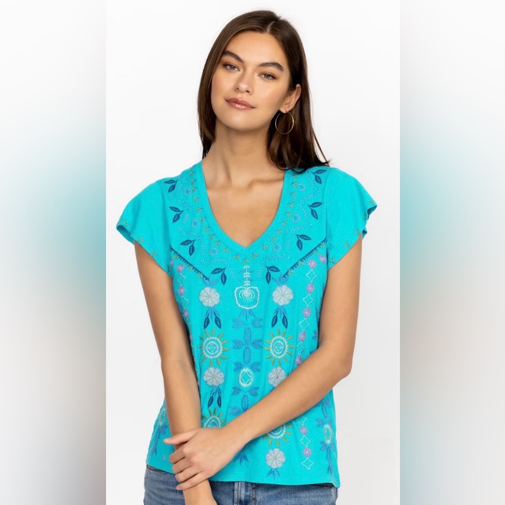 Johnny Was Oriel Flutter Sleeve Tee Embroidered Bohemian - Medium - EUC - Picture 2 of 12